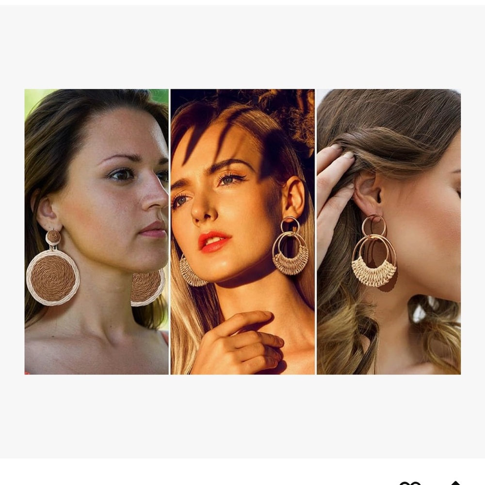 4 Pairs Handmade Raffia Rattan Bohemian Round Drop Dangle Earrings for Women - Picture 7 of 7